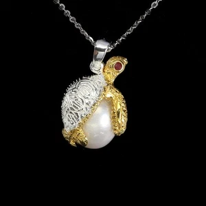 Summer 925 Silver Necklace Round Ruby Pearl Natural Gemstone Turtle Jewelry 18 - Picture 1 of 14