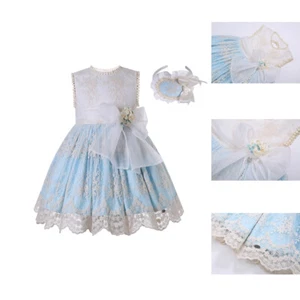 Holiday Party Chic Toddler Girls Lace White and Blus Dress Age 2-12Y + Headband - Picture 1 of 12