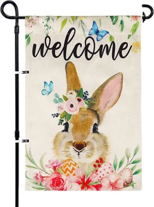 Welcome Bunny Summer Flag outside 12 X 18 Inch Double Sided,Burlap Yard Flags fo - Picture 1 of 7