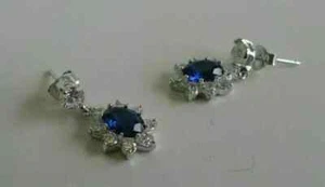 2Ct Lab Created Oval Cut Sapphire Diamond Dangle Earrings 14K White Gold Plated - Picture 1 of 4