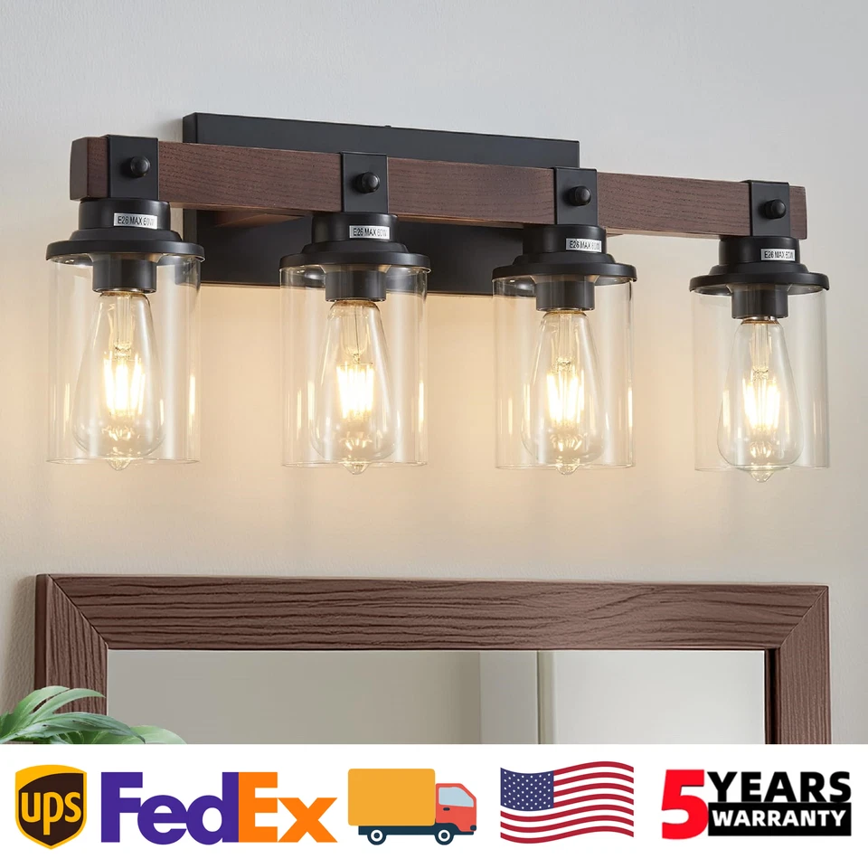 4 Luces 27"" Tocador Luz Granja Madera Negro para Baño Espejo Pared Accesorio Foto 1 de 4