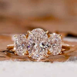 3.50Ct G-H/VS Authentic Lab-Grown Diamond Three-Stone Engagement Ring 14K Gold - Picture 1 of 16