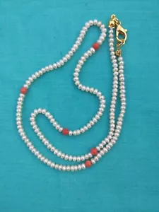 Genuine 16 in unisex freshwater seed pearl necklace with red coral accent beads - Picture 1 of 3