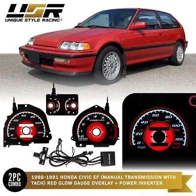 RED Type-R Glow Gauge Black Overlay For 88-91 Honda Civic RPM Instrument Cluster - Image 1 of 4