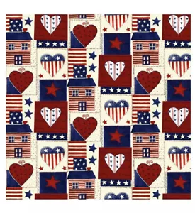 FAT QUARTER FABRIC RED WHITE BLUE USA HEART FLAG STARS 100% COTTON 18X 21 INCHES - Picture 1 of 7