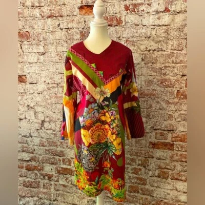 Adnan Fahad Boho Floral Patchwork Tunic Dress Top Sz L Festival Artsy Eclectic - Image 1 of 4