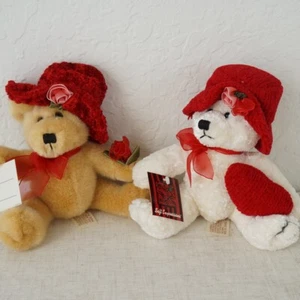 Vintage Dan Dee Set of 2 Valentine's Day Bears Red Hat Heart Plush Couple - Picture 1 of 7