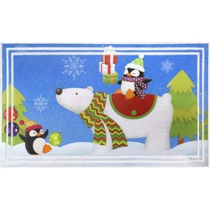 Winter Polar Bear and Penguins 18 x 30 Holiday Door Mat - Picture 1 of 1