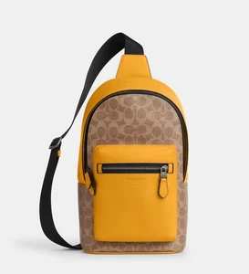 COACH CAX45 West Pack Colorblock Signature Canvas & Leather Tan/Buttercup Yellow - Picture 1 of 5