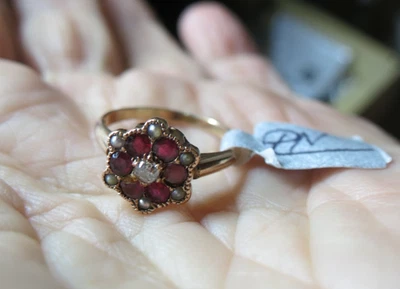 Anillo Antiguo Oro 14k Antiguo Minero Diamante Rubí y Perla. Talla 4,5 2.graim Foto 1 de 4