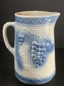 Antique North Star Salt Glazed Stoneware Pitcher w/ Blue Grape & Lattice Pattern - Picture 1 of 10