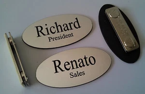 Custom OVAL Name Tags Silver - Black letters w/ magnetic attachment 1.25" x 2.5" - Picture 1 of 2