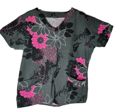 Blusa Médica Para Mujer L de UA Rosa Carbón Negra Patrón Floral Aspecto Desteñido Foto 1 de 4