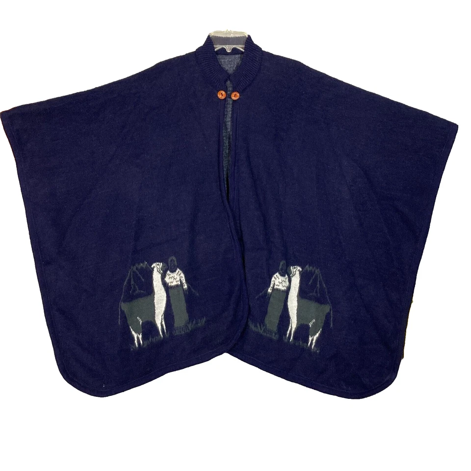 Poncho con capa de lana de alpaca de colección azul marino talla única para la mayoría de los artesanos de punto suave Foto 1 de 4