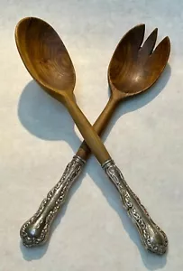Salad Serving Fork & Spoon BIRKS Sterling Silver & Wooden Set- Pompadour Vintage - Picture 1 of 10