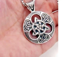 Large VIKING CELTIC KNOT SUN WHEEL Pendant 20" 925 Sterling Silver Necklace Men - Picture 1 of 9