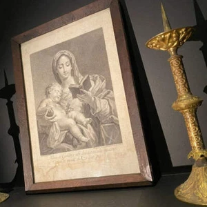 French Antique Black and White Framed Print - Woman with Child (41.5x32.5cm) - Picture 1 of 5