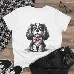 Digipups Cavalier King Charles Dog Pink Bow Tie Sketch Cartoon Ladies T Shirt - Picture 1 of 3