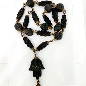 Collana Vintage Antica Skhab Africana Pasta Pressata Profumo Perline Hamsa Pendente - Foto 1 di 10