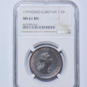 1799 Halfpenny (NGC MS 61 BN) - George III British Copper Coin - Very Nice - Picture 1 of 2