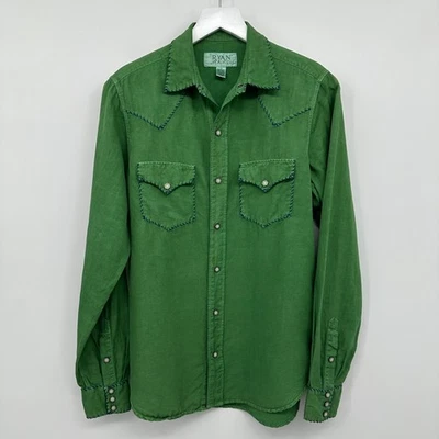 Camisa Ryan Michael Para Hombre Talla Pequeña Seda Lino Perla A Presión Verde Western Rodeo Foto 1 de 4