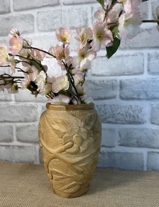 Vintage Hand Carved Wooden Floral Vase 8” | Boho Rustic Primitive Home Decor - Picture 1 of 8