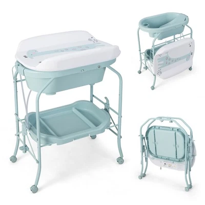 Baby Changing Table w/Bathtub, Folding & Portable Diaper Station w/Wheels - Imagem 1 de 4