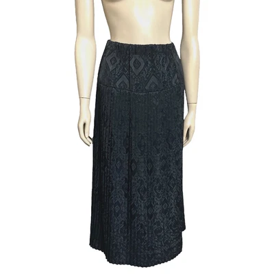 Vtg Hand Sewn Pleated A-Line Midi Skirt Sz 8 Drop Waist Embossed Sateen Black - Image 1 of 4