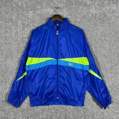 Vintage 90's Asics Full Zip Retro Windbreaker Track Jacket Blue Neon Sz. Medium - Image 1 of 4