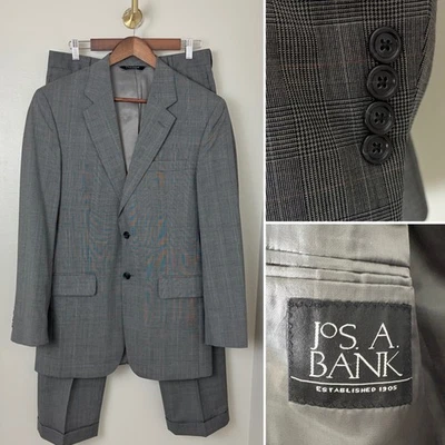 Jos A Bank Mens 38R Dark Gray Plaid Wool Blend Suit Jacket and Pants Set Classic - Image 1 of 4