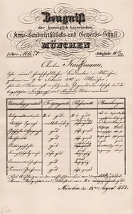 Certificate Anton Kaufmann Munich Agricultural Commercial School 1851/52 - Picture 1 of 1