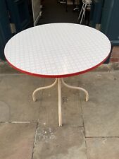 retro kitchen table ,white & red patterned top , cream painted frame ,round 