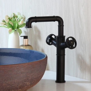 Industrial Pipe Bathroom Basin Sink Faucet Mixer Tap Single Hole 2 Handle Black - Picture 1 of 11