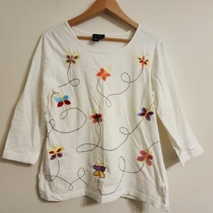 Vintage 90s Jeevan Shirt Cotton 3/4 Slv Top Butterfly Embroidered L Cottagecore - Bild 1 von 15