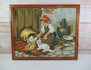 Vintage Tapestry Needlework with Wooden Frame -Girl & Kittens. - Picture 1 of 6