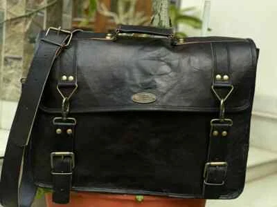 Bolso Maletín para Laptop 18" Hombre Genuino Vintage Cuero Negro Cartera Mensajero Foto 1 de 4