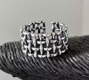 Unisex Adjustable 925 Sterling Silver Ring Woven Mesh Design, Stylish Statement - Picture 1 of 5