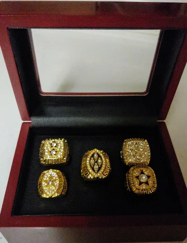 Dallas Cowboys - Super Bowl Gold Color 5 Ring Set W Wooden Box. Aikman Staubach Cover
