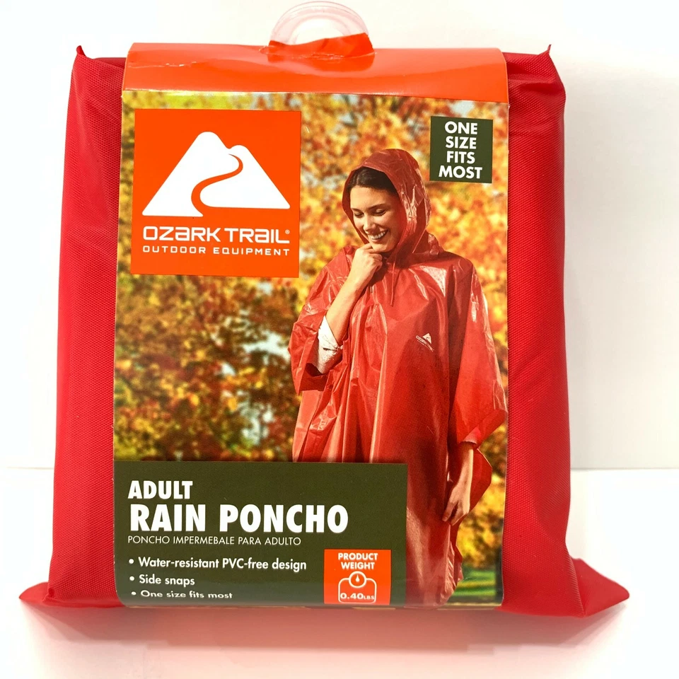 Ozark Trail Adult Rain Poncho 1 Size Fits Most Side Snaps Red