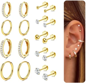9 Pairs Earrings Sets for Multiple Piercing Hypoallergenic 14K Gold Plated Small - Picture 1 of 12