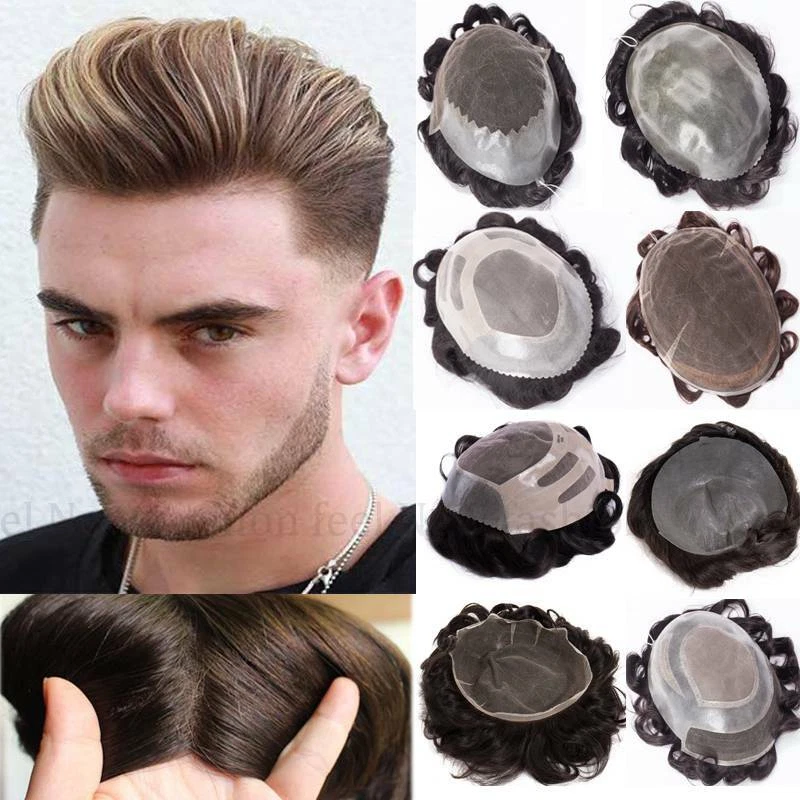 Sistema de reemplazo de cabello humano peluca de encaje PU indetectable de EE. UU. Foto 1 de 4