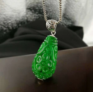 B09 Rimorchio Gocce Dal Verde Giada Intagliate Fiori Argento Sterling 925 - Foto 1 di 10