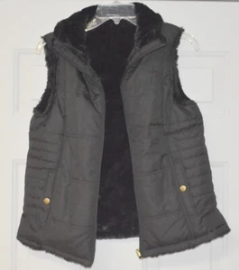 KC Collections Women Jacket Vest Black Reversable Sleeveless Quilted Faux Fur - Picture 1 of 12
