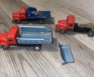 (3) Vintage Friction Dump Truck Tin Toy Blue Red Japan 6” - Picture 1 of 10