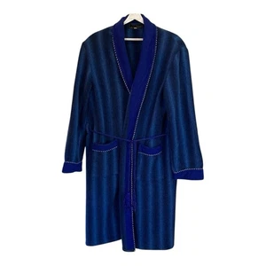 Vtg Oshkosh Norwellan Wool Men Sz OS Dressing Gown Cord Tie Pockets Blue Check - Picture 1 of 12
