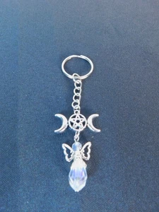 Triple Moon Pentacle Crystal Angel Keychain Pagan Wiccan Goddess Charm Spiritual - Picture 1 of 10