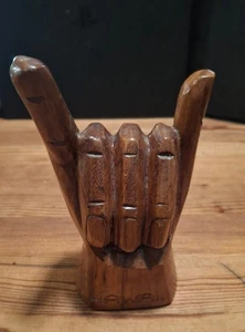 Hang Loose / Shaka Figure  Hand Carved Hawaii 6 in dark wood Aloha Spirit - Picture 1 of 3