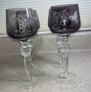 H869~ 4 HORTENSJA Cut to Clear Crystal Hock Wine Glasses Amethyst 8.5" Vintage - Picture 1 of 10