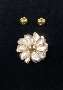 Vintage Textured Silver Gold Tone Flower Brooch With Button Post Earrings - Picture 1 of 15