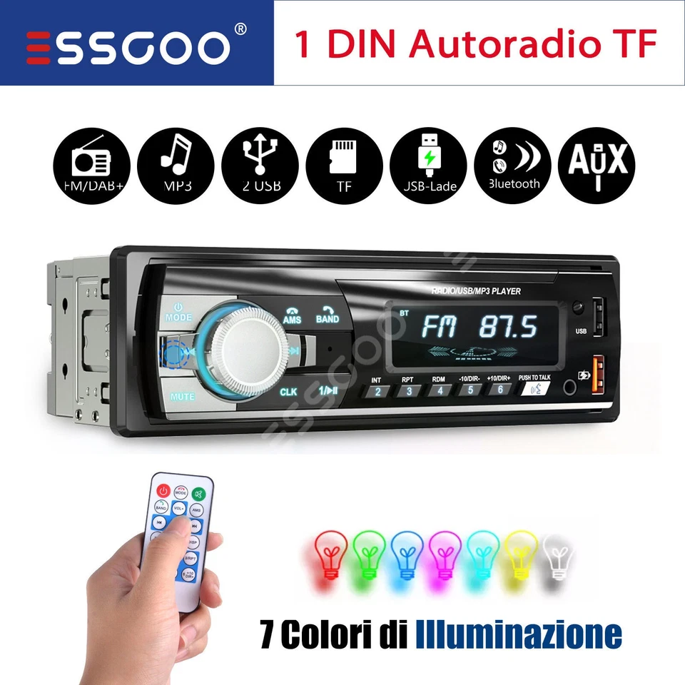 1 DIN MP3 7Farben Autoradio Mit AM USB Bluetooth Freisprech Fernbedienung TF AUX - Bild 1 von 4